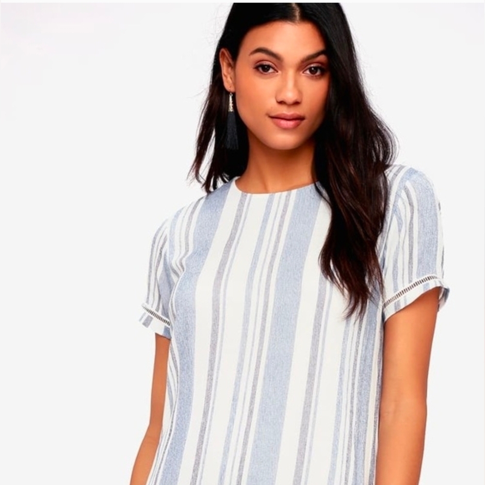 Lulus | Ardell Blue and White Striped Embroidered Shift Dress Size Medium - Picture 2 of 12